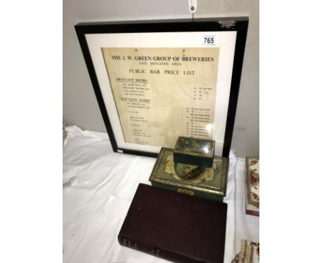 A framed and glazed public bar price list for J.W.Green Group of Breweries east midlands area, 2 vintage tins and 1936 4th ed
