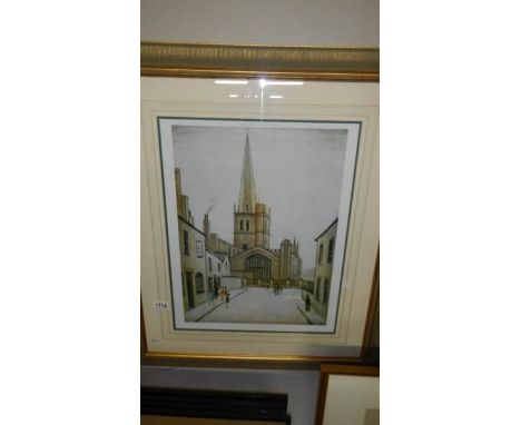 A Laurence Stephen Lowry (1887-1976) limited edition print, 378/1500, entitled 'Burford Church' with blind stamp for publishe