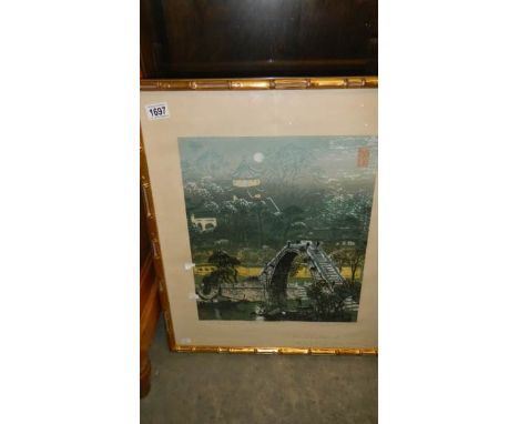 A 20th century Chinese school lithograph, signed and dated depicting a river scene with bridge and boats under moonlight, No.