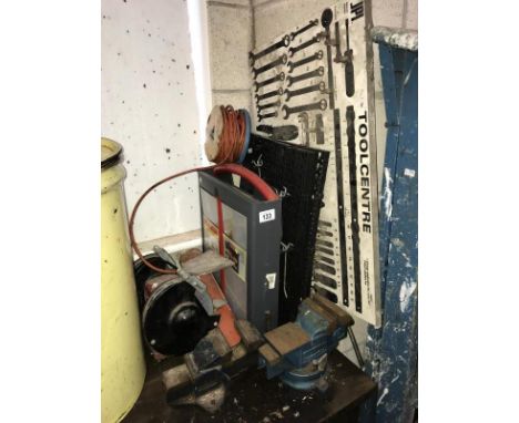 A quantity of tools including grinder, vice etc.