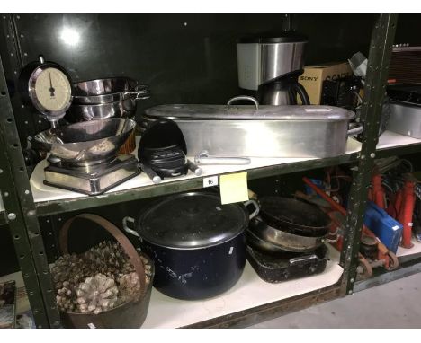 2 shelves of cooking pots, coffee maker and stainless steel scales etc.