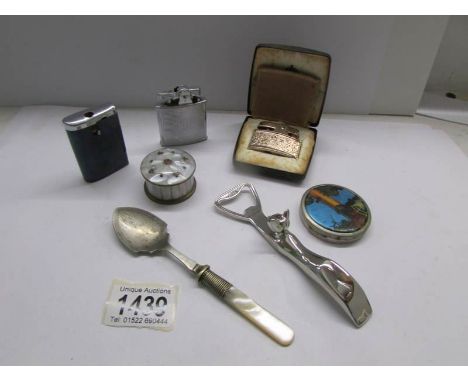 3 Ronson lighters, A Stratton compact, a pill box, a JCB pewter hip flask and 2 other items.