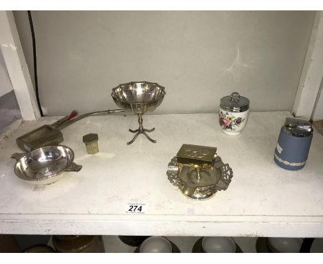 A Chinese pipe, Wedgwood lighter, ashtray, matchbox silver plate bon bon dish &amp; a Worcester coddler etc.