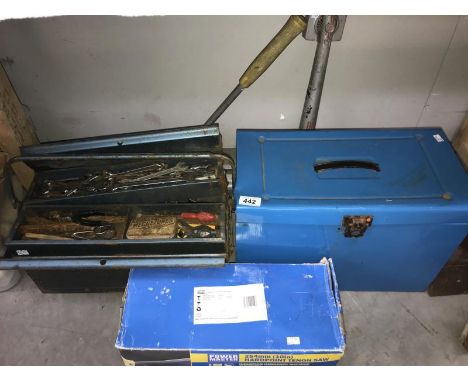 2 chests of tools together with saws, carpet tool and a tile cutter