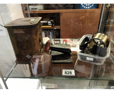 A carved wood tea caddy, darning mushroom, stud box and cigarette case