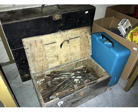 2 wooden toolboxes of woodworking tools and a cased electric drill in good condition