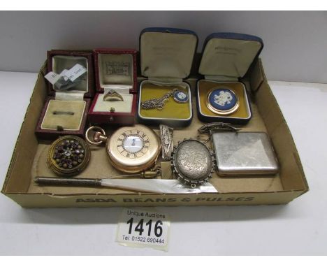 An Ingersol Trenton half hunter pocket watch (a/f) with an assortment of costume jewellery including Wedgwood Jasper ware pen