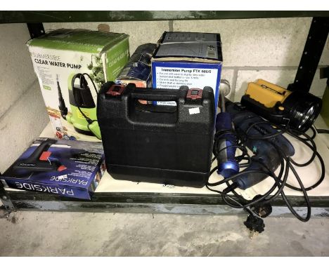A collection of boxed DIY electric tools including pumps, drills, glue gun etc.