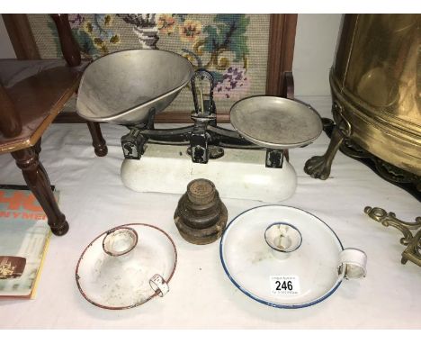 A set of scales &amp; weights &amp; 2 chamber candlesticks