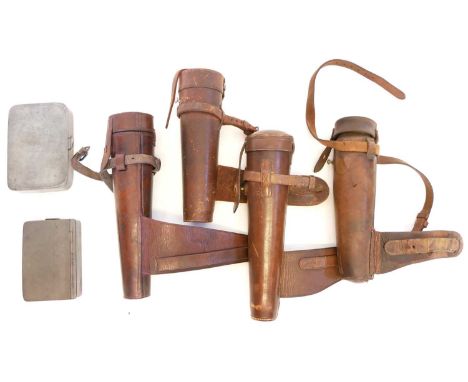 Four leather spirit flask holders and two sandwich tins Four leather spirit flask holders lacking the glass flasks and two sa