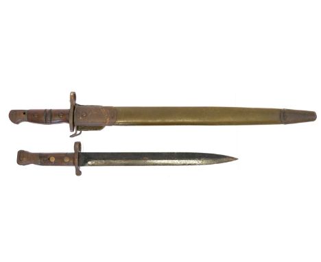 US P.17 bayonet and scabbard and an 1888 pattern bayonet. US P.17 bayonet and scabbard, with flaming bomb to the ricasso, als