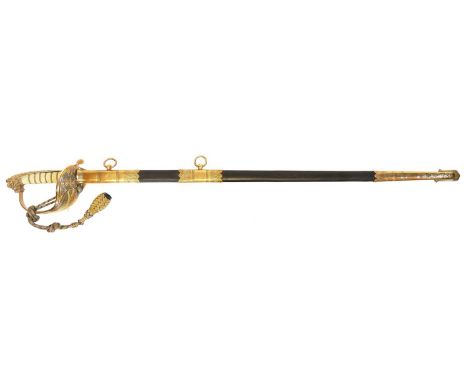 Royal Navy sword and scabbard Royal Navy sword and scabbard, gilt guard with fouled anchor fitted with folding guard engraved