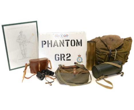 Collection of militaria, Collection of militaria, to include a German Alphine rucksack with side sling pouch, reproduction ga