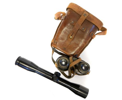 Schmidt and Bender 4x36 scope and a pair of military binoculars. Schmidt and Bender 4x36 scope, serial number 11235. German s