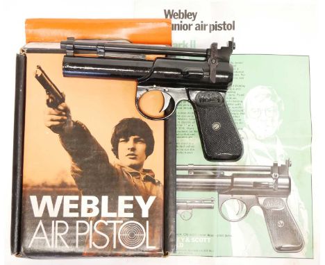 Boxed Webley Junior .177 air pistol Boxed Webley Junior .177 air pistol, 6inch barrel, with pellets, targets, spare spring an