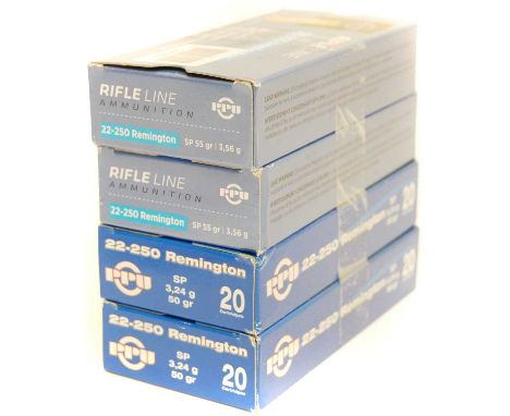 80 rounds PPU Privi Partisan 22-250 ammunition (40 x 55gr SP, 40 x 50 gr SP) 80 rounds PPU Privi Partisan 22-250 ammunition (