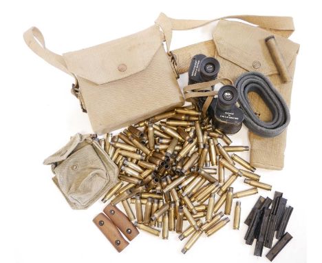 WWII Binoculars and other webbing WWII pair of Prism #2 Mk2 binoculars by Kershaw in canvas case by Finnigans Ltd, canvas pis