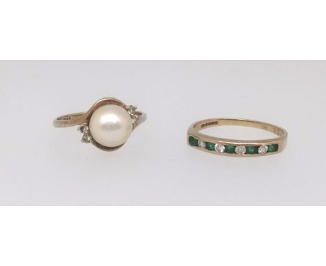 A 9ct pearl and diamond set ring, finger size M, together with a 9ct emerald style and diamond channel set eternity ring, fin