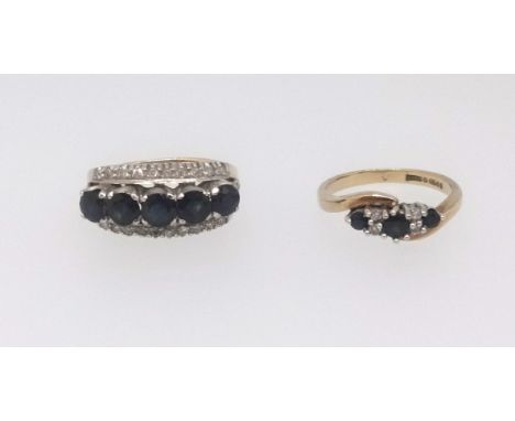 A 14ct sapphire and diamond three row ring, finger size K together with another 9ct dress ring (2).