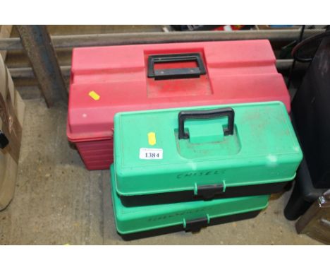 Three plastic tool boxes and contents of various tools, chisels etc.