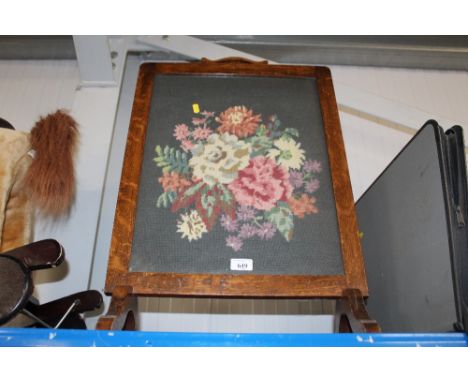 An oak and wool work fire screen