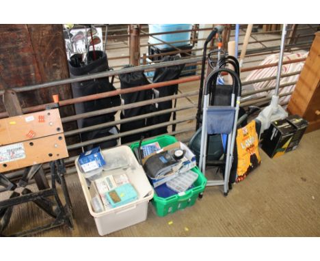 Two plastic trays of various fittings, screws, nails, foot pump, quantity of miscellaneous garden tools, folding seats, gas b