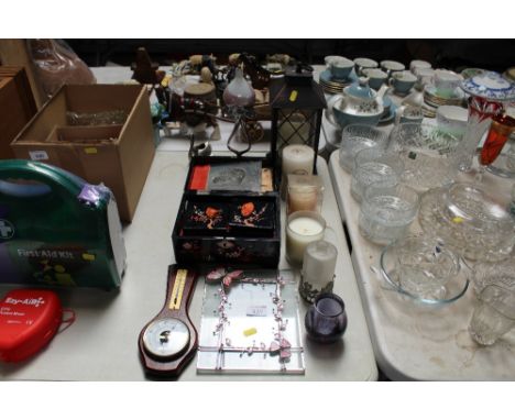 A lacquered jewellery box; a collection of candles; barometer etc 