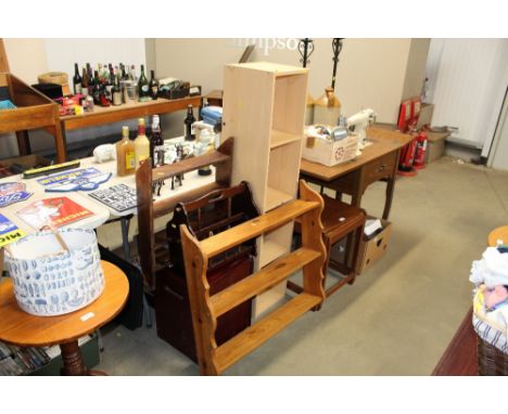 A pine wall shelf; two other shelves; magazine rack and a stool