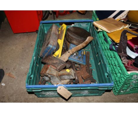 A box containing a Heyco socket set and various other tools to include a vice; axe etc