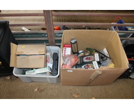 Two boxes containing various fittings, hand tools etc.