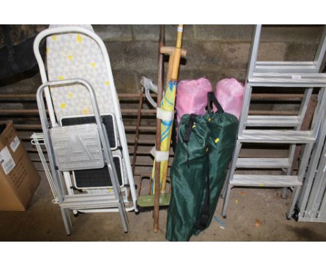 Four folding camping chairs with carry bags and a small quantity of long handled gardening tools