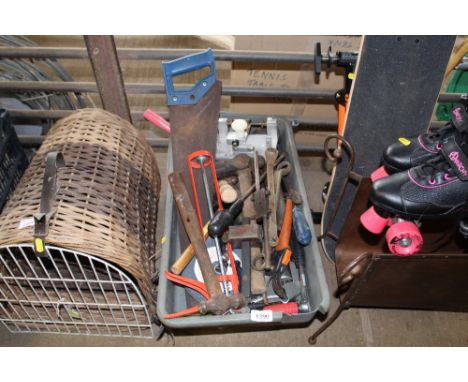 A wooden box and a plastic tray of various hand tools 
