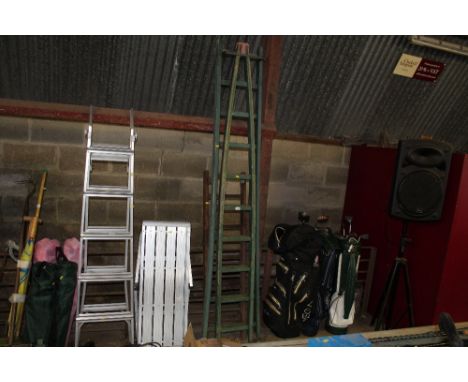 A wooden two part window cleaning ladder