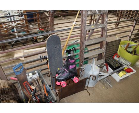 A skate board, pool cue, roller skates, magazine rack etc.
