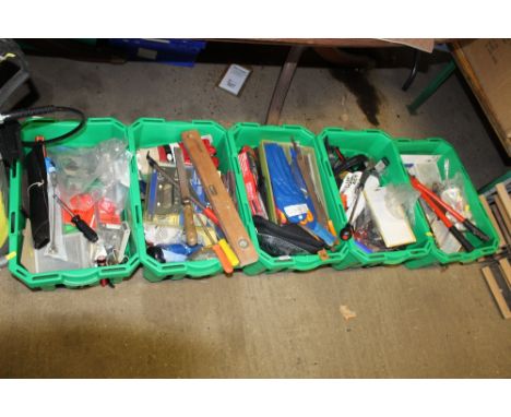 Five boxes containing various hand tools; work gloves etc