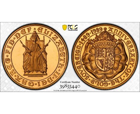 UNITED KINGDOM. Elizabeth II, 1952-. Gold sovereign, 1989. Royal Mint. Proof. Commemorating the 500 years anniversary of the 