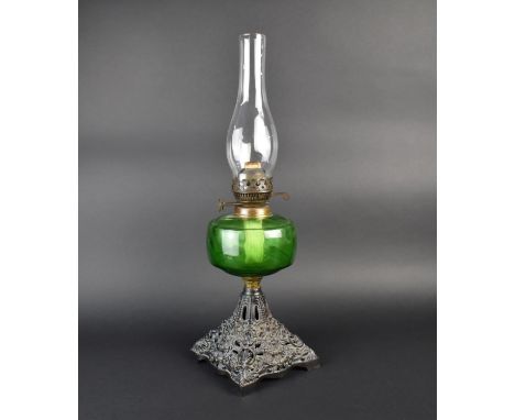 A Late Victorian/Edwardian Oil Lamp on Cast Iron Scrolled Base to Green Glass Reservoir (AF), Complete with Chiney, 56cms Hig