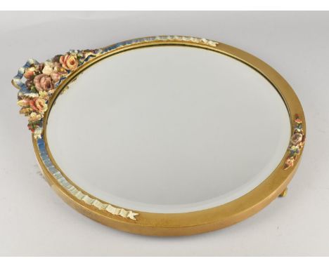 A Mid Century Easel Back Barbola Mirror with Painted Floral Finial, 34cms High