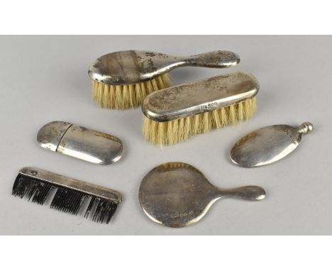 A Silver Mappin and Webb Part Handbag Vanity Set to Comprise Mirror, Brushes, Flask, Comb and Spectacle Case, Birmingham 1915