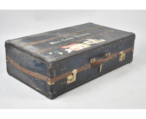 A Vintage Travelling Trunk with Wooden Banding Inscribed Mrs C Bendix with Luggage Labels for Union Castle Etc, 91cms Wide
