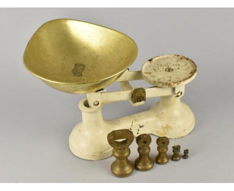 A White Painted Cast Iron Base Pan Scales with Bell Weights