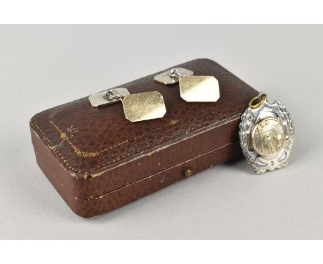 A Pair of 9ct Gold on Silver Cufflinks, Octagonal for with Engine Turned Decoration, together with a Vintage Chromed Medallio