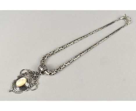 A Heavy Silver Pendant on Byzantine Link Silver Chain, Mother of Pearl Cabochon in Rub Over Mount, with Sphere and Wirework D
