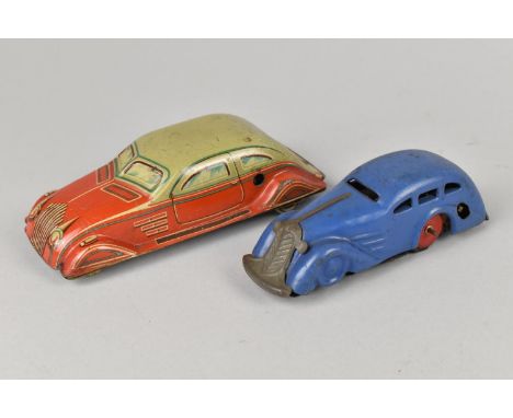 A Vintage German Tinplate Clockwork Car together with a Further Example, 14cms and 11.5cms Long, No Keys