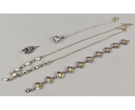 A Collection of Silver Jewellery to include Ten Panel Multi Stone Bracelet, Two Amethyst and Marcasite and Silver Pendants an