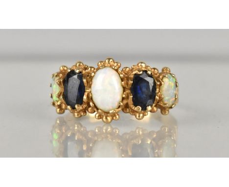 A 14ct Gold, Opal and Sapphire Five Stone Dress Ring, Largest Claw Mounted Opal Measuring 6.4mm by 5mm, Head Decorated with S