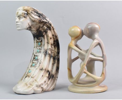 A Carved Stone Figure Group, Family, Together with a Ceramic Horse Head Pottery Statue of Windwoman