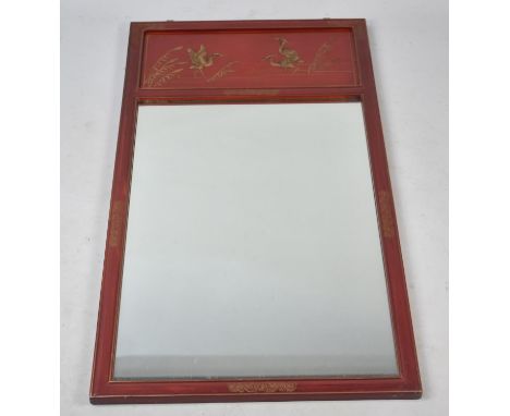 A Chinese Red Lacquered Mirror with Top Panel Having Crane Decoration in Gilt, 65x115cms High