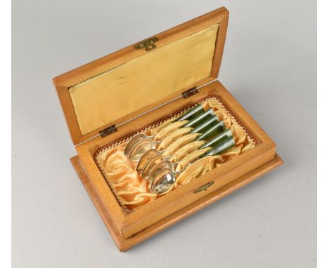 A Presentation Cased Set of Six Sterling Silver and Nephrite Jade Handled Spoons, Housed in Wooden Case with Plaque Inscribed