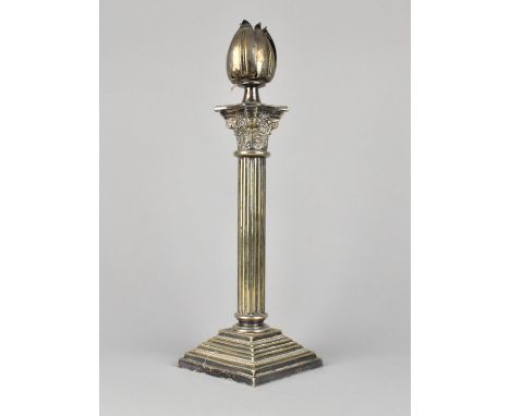 An Edwardian Silver Plated Table Lamp Base in the Form of a Corinthian Column Together with Unrelated Candle Holder, 26cms Hi